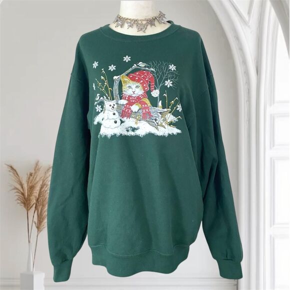 Jerzees VTG Nostalgia Cat Dark Green Christmas Snow Crewneck Sweater M - Picture 1 of 7